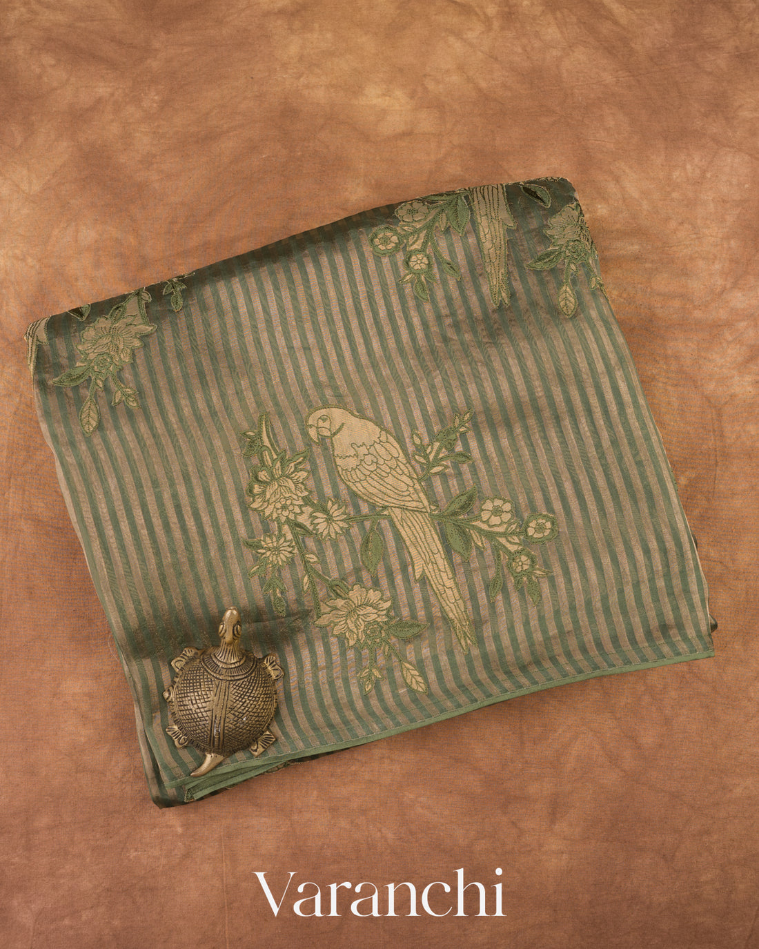 Dark Green Tissue Applique and Embroidered Pure Kora Silk Saree