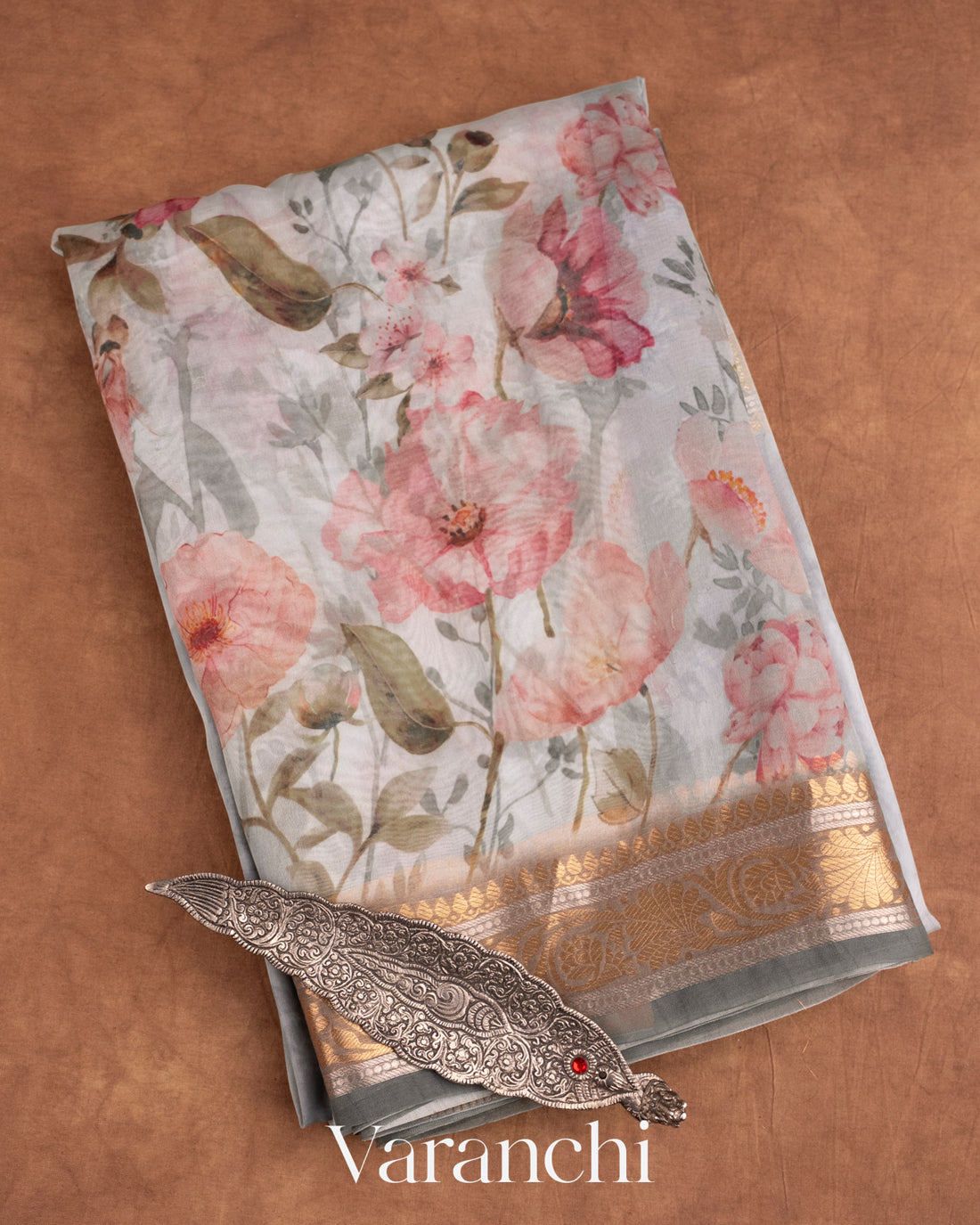 Soft Grey Floral Printed Pure Kora Silk Saree