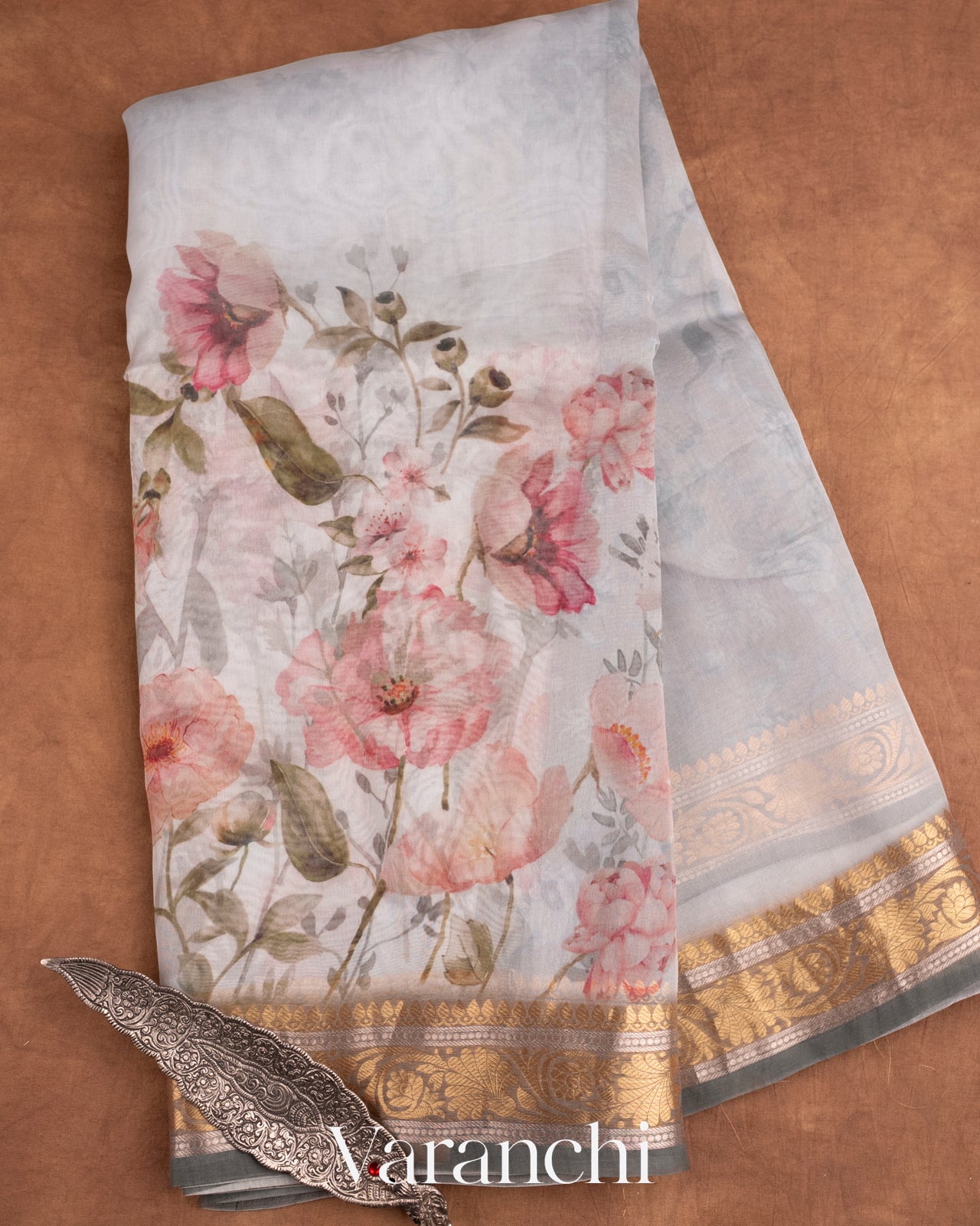 Soft Grey Floral Printed Pure Kora Silk Saree