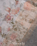 Soft Grey Floral Printed Pure Kora Silk Saree