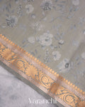 Soft Grey Floral Printed Pure Kora Silk Saree