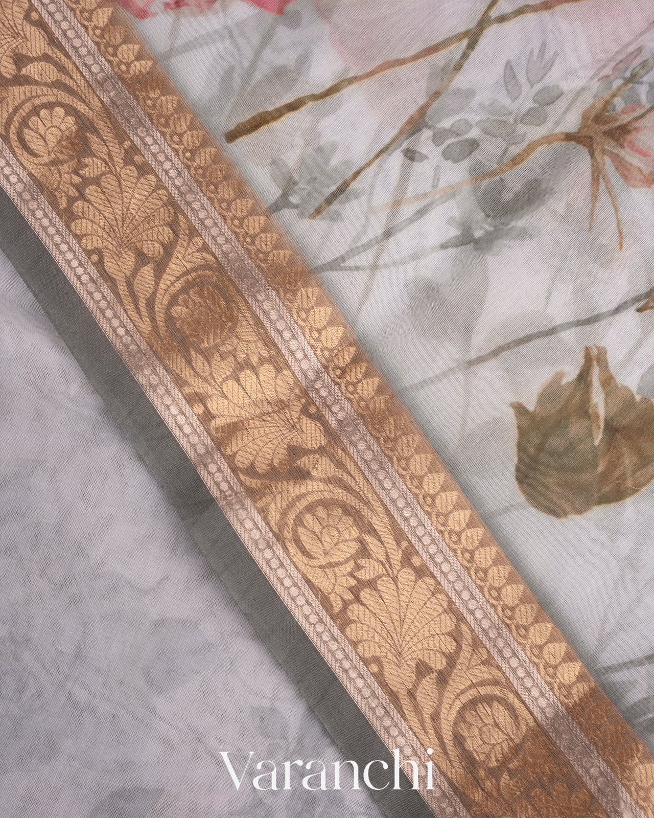 Soft Grey Floral Printed Pure Kora Silk Saree