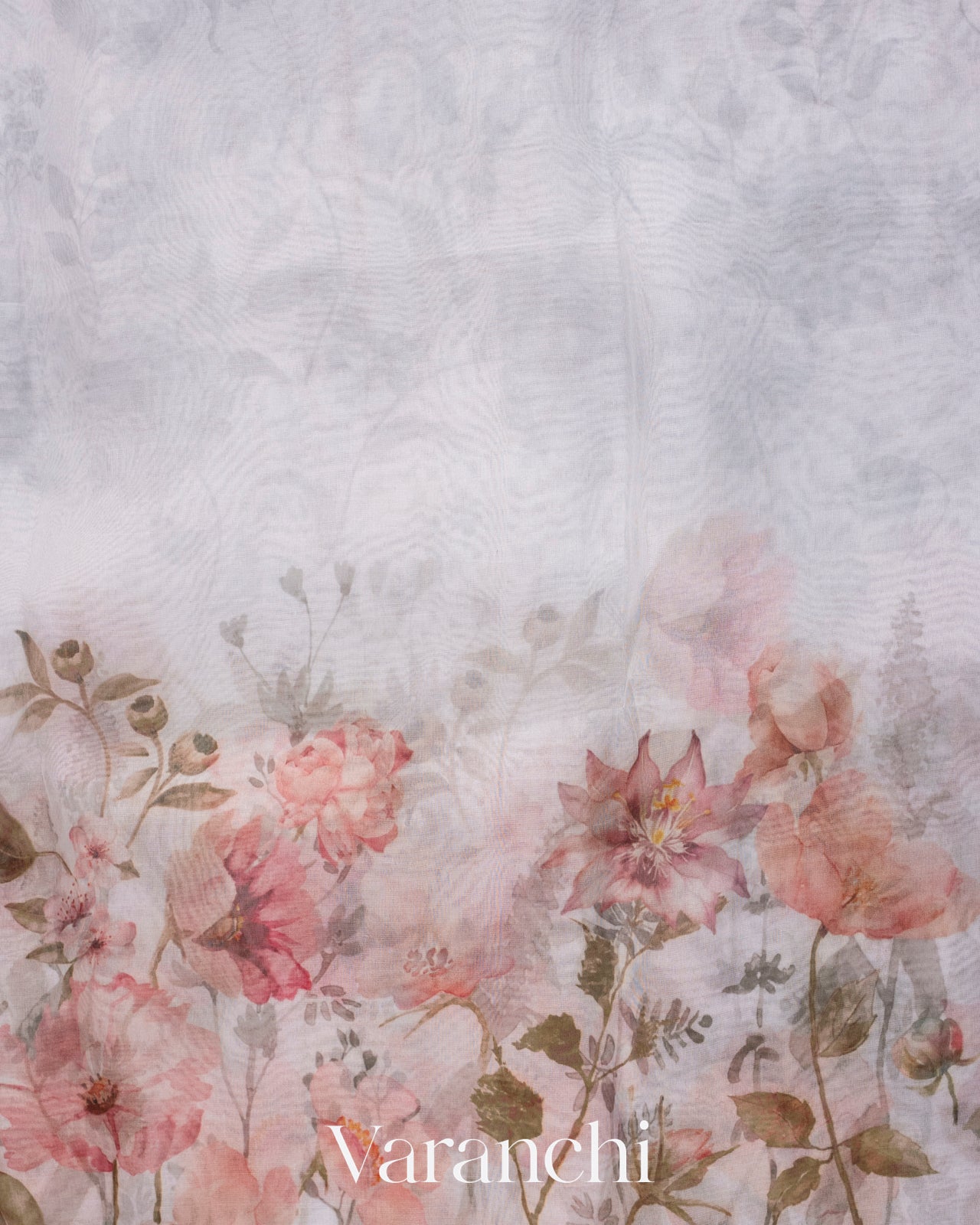 Soft Grey Floral Printed Pure Kora Silk Saree