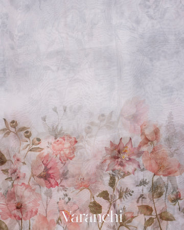 Soft Grey Floral Printed Pure Kora Silk Saree