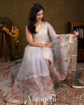 Soft Grey Floral Printed Pure Kora Silk Saree
