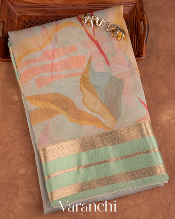 Soft Jade Green Printed Pure Kora Silk Saree