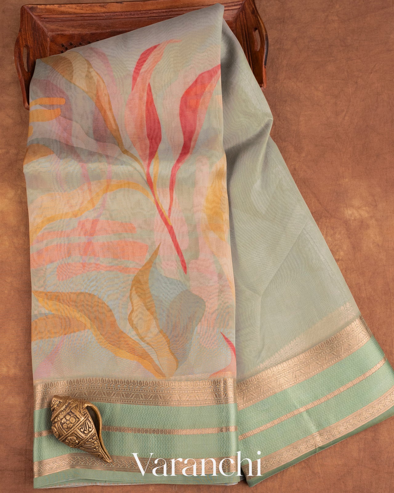 Soft Jade Green Printed Pure Kora Silk Saree