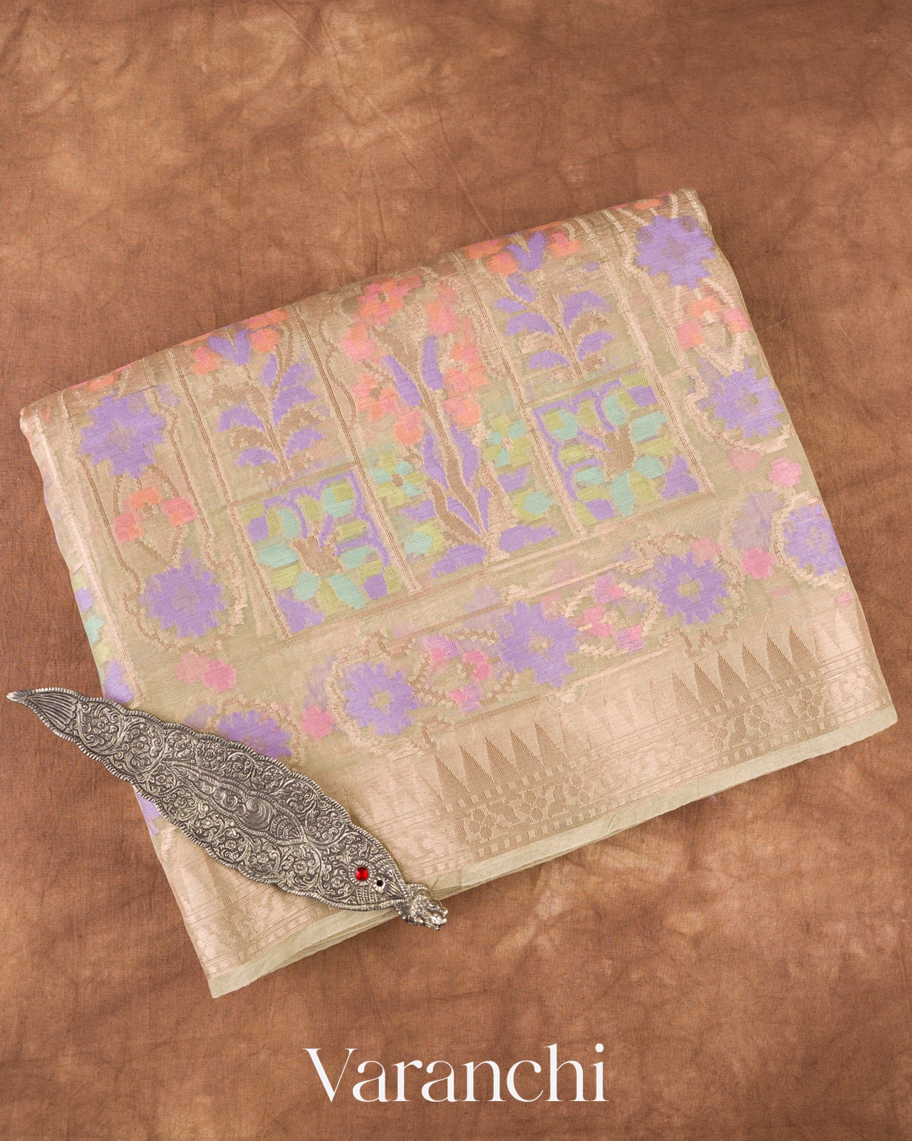 Antique Beige Jamdani Pure Kora Silk Saree