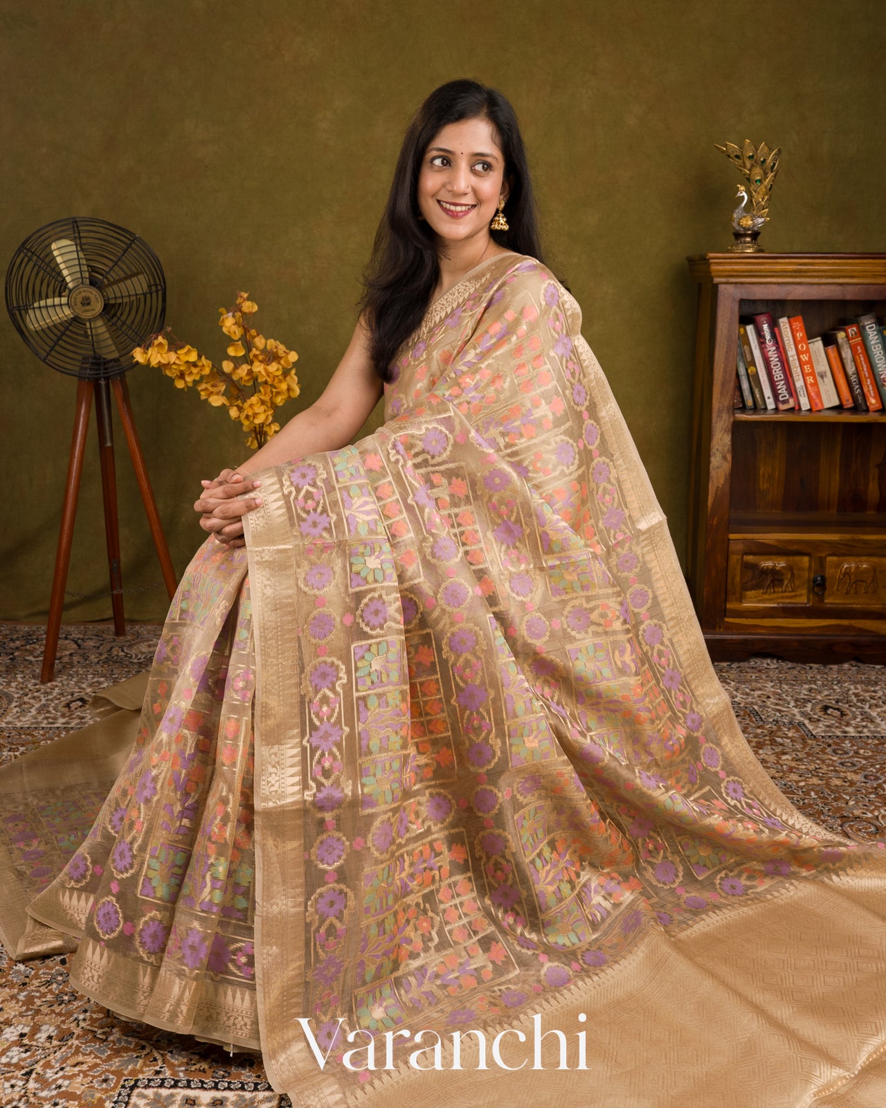 Antique Beige Jamdani Pure Kora Silk Saree