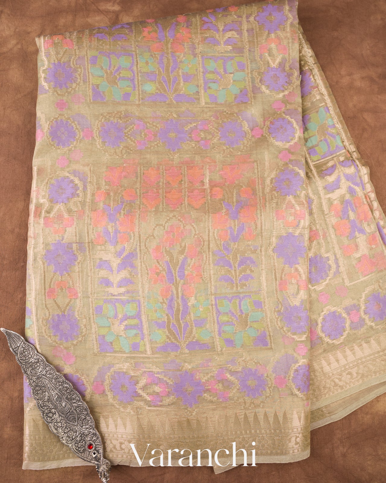 Antique Beige Jamdani Pure Kora Silk Saree