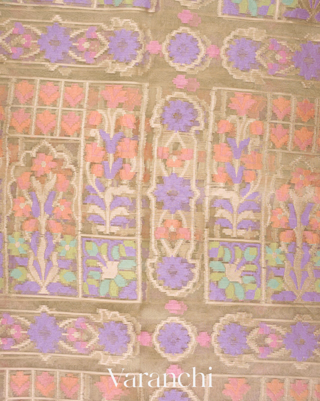 Antique Beige Jamdani Pure Kora Silk Saree