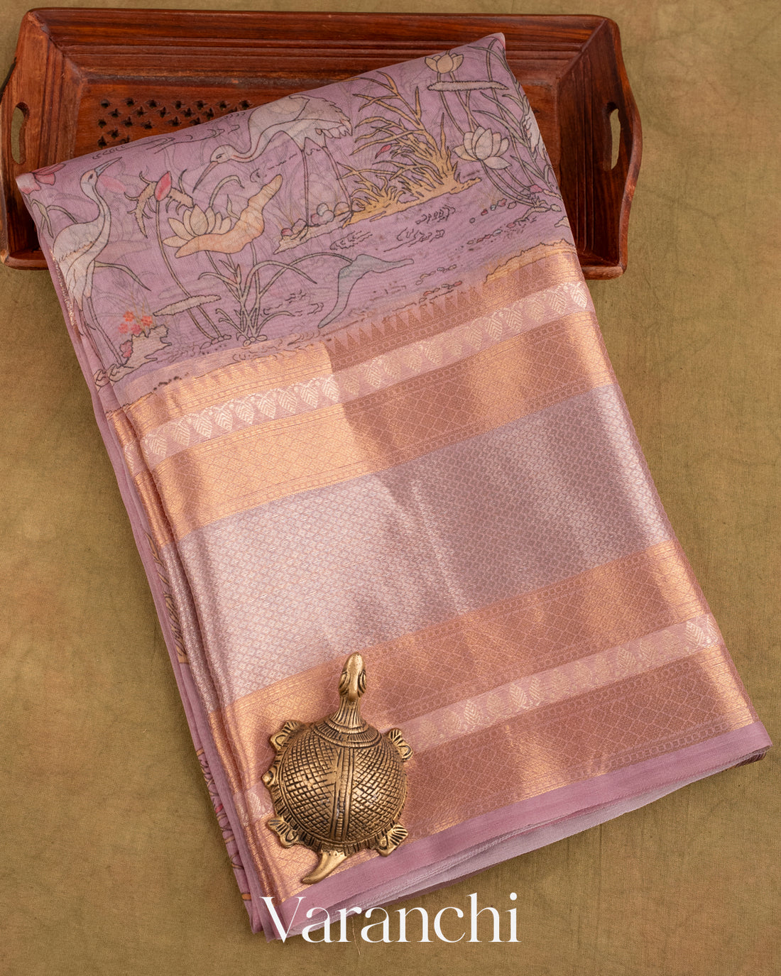 Mauve Pink with Printed Design Pure Kora Silk Saree