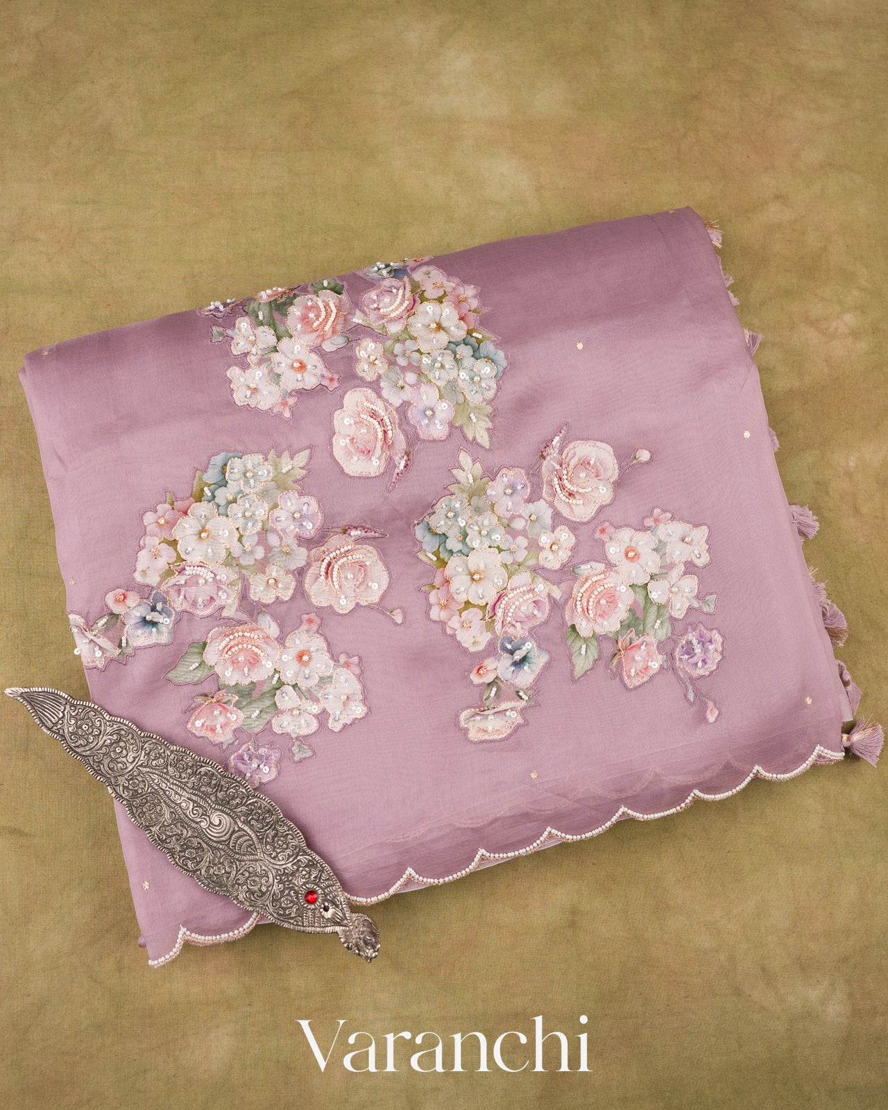 Dusty Lavender Floral Applique And Embroidered Pure Kora Silk Saree
