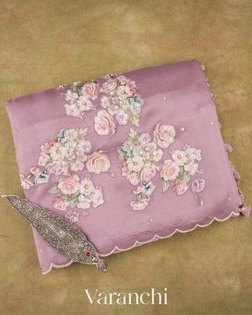 Dusty Lavender Floral Applique And Embroidered Pure Kora Silk Saree