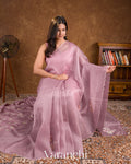 Dusty Lavender Floral Applique And Embroidered Pure Kora Silk Saree