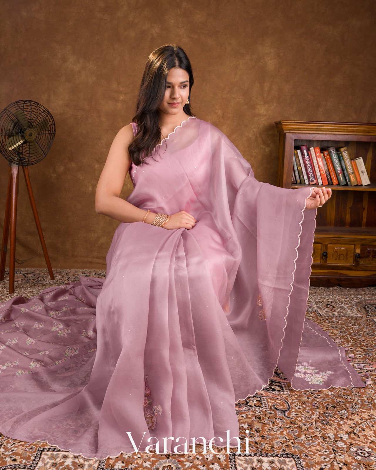 Dusty Lavender Floral Applique And Embroidered Pure Kora Silk Saree