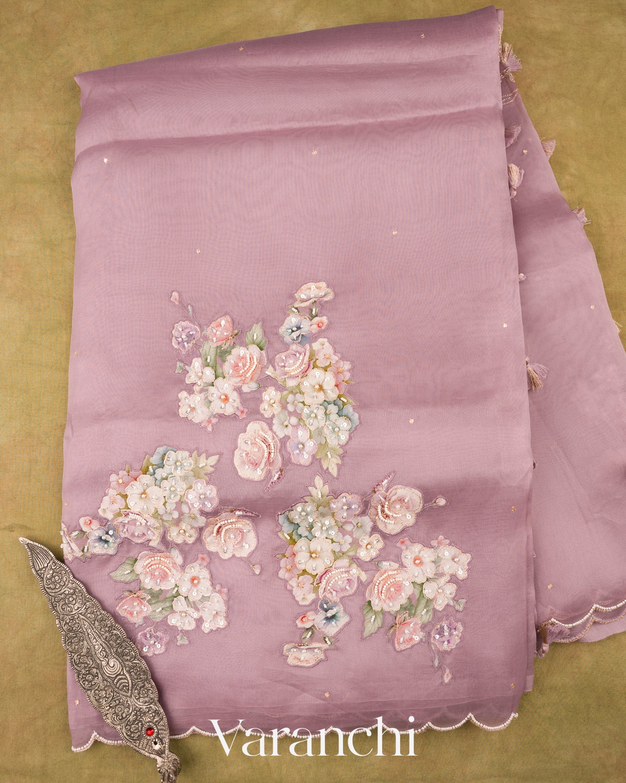 Dusty Lavender Floral Applique And Embroidered Pure Kora Silk Saree
