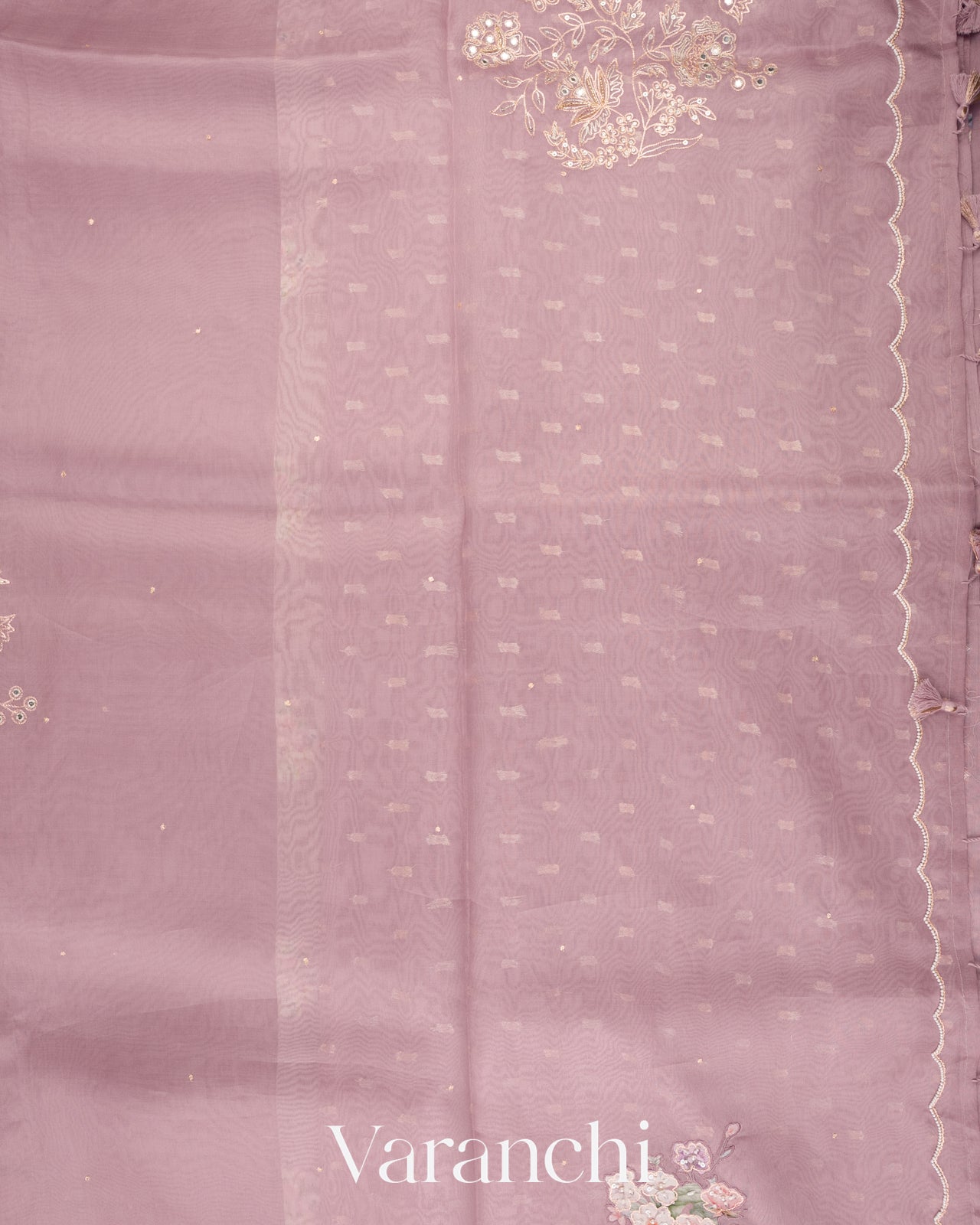 Dusty Lavender Floral Applique And Embroidered Pure Kora Silk Saree