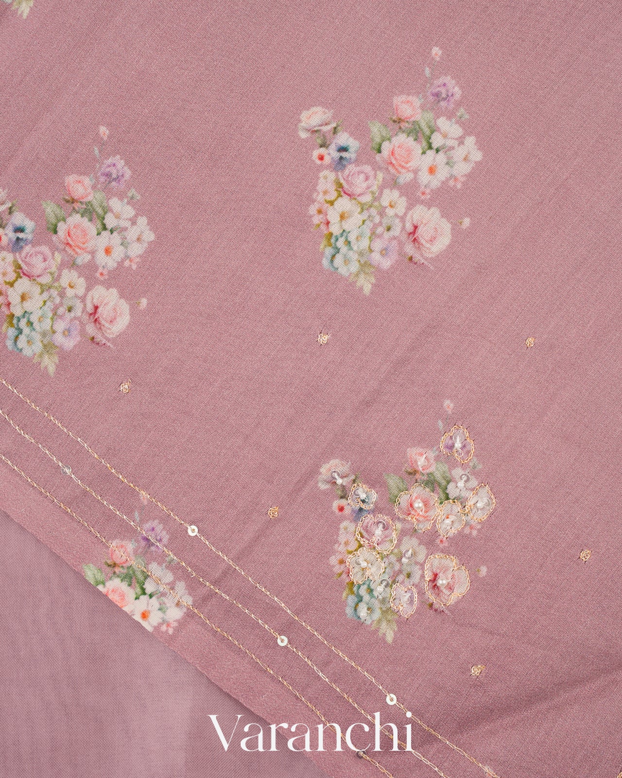 Dusty Lavender Floral Applique And Embroidered Pure Kora Silk Saree