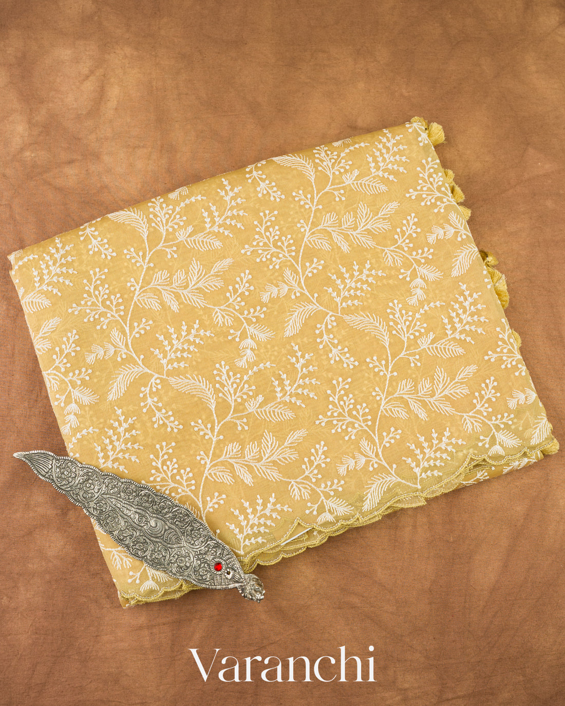 Butter Yellow Embroidered Pure Kora Silk Saree 