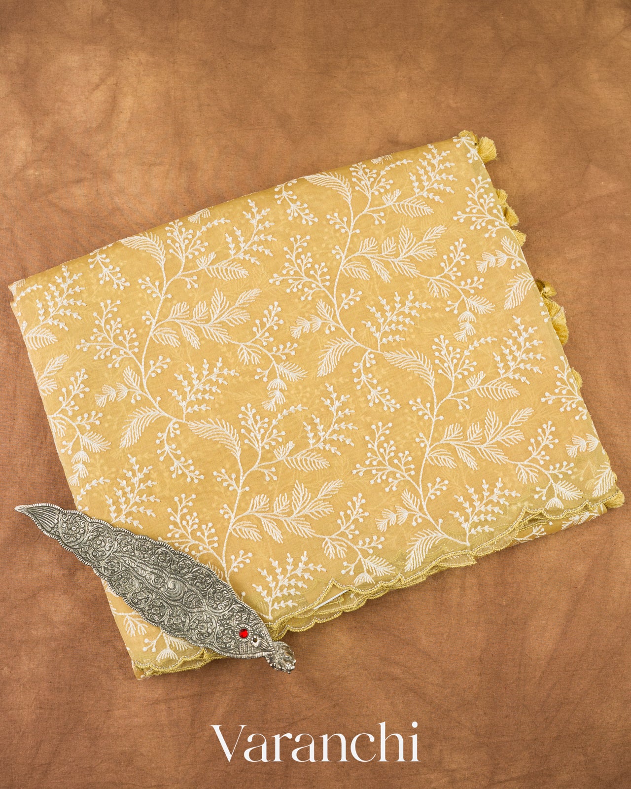 Butter Yellow Embroidered Pure Kora Silk Saree 