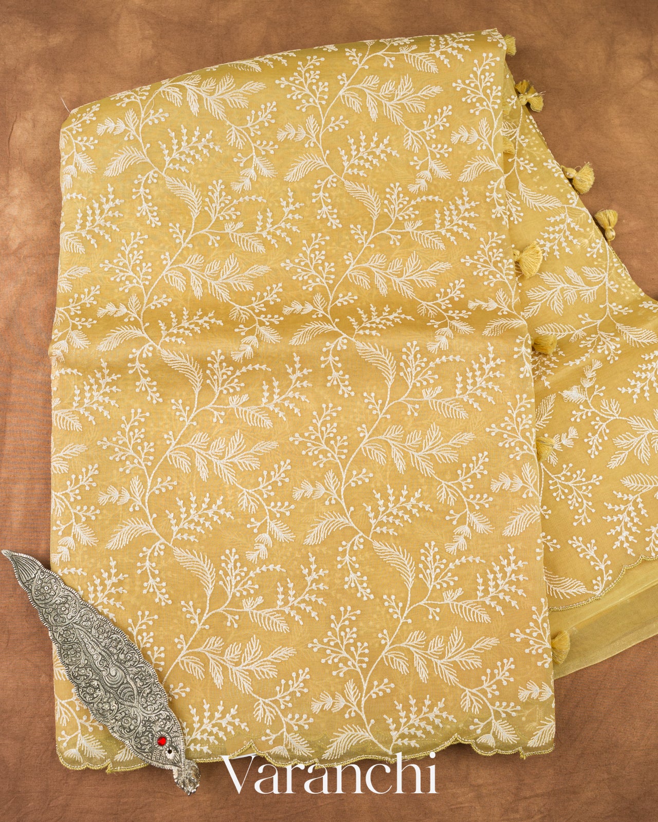Butter Yellow Embroidered Pure Kora Silk Saree 