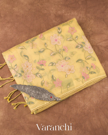 Light Yellow Floral Embroidered And Tissue Applique Pure Kora Silk Saree