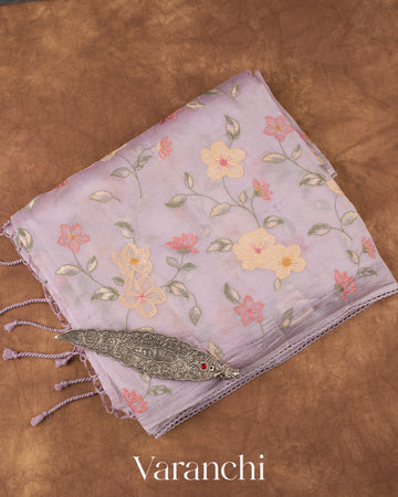 Lavender Floral Embroidered And Tissue Applique Pure Kora Silk Saree