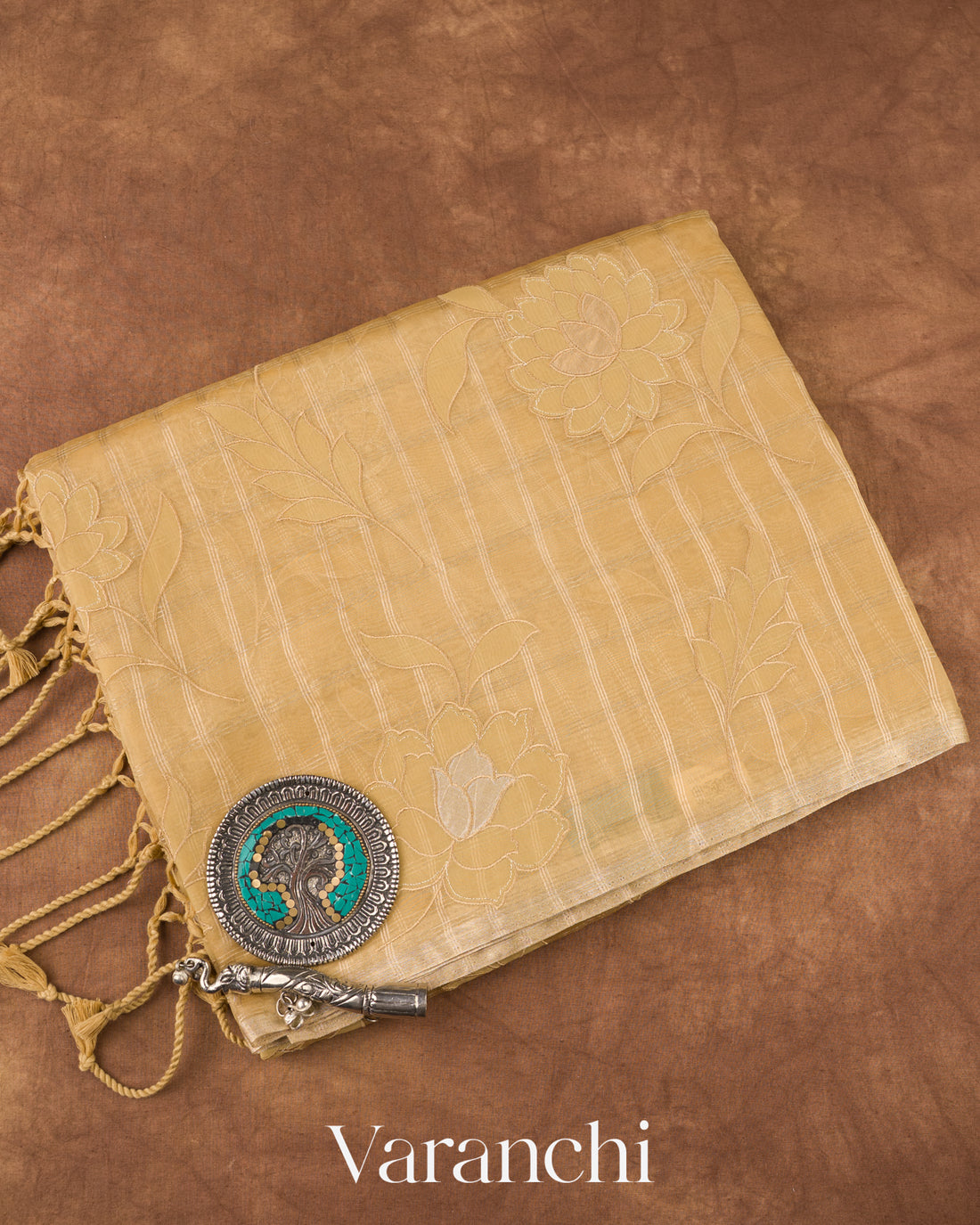 Light Mustard Checks And Floral Applique Pure Kora Silk Saree 