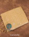 Light Mustard Checks And Floral Applique Pure Kora Silk Saree 