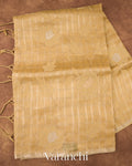 Light Mustard Checks And Floral Applique Pure Kora Silk Saree 