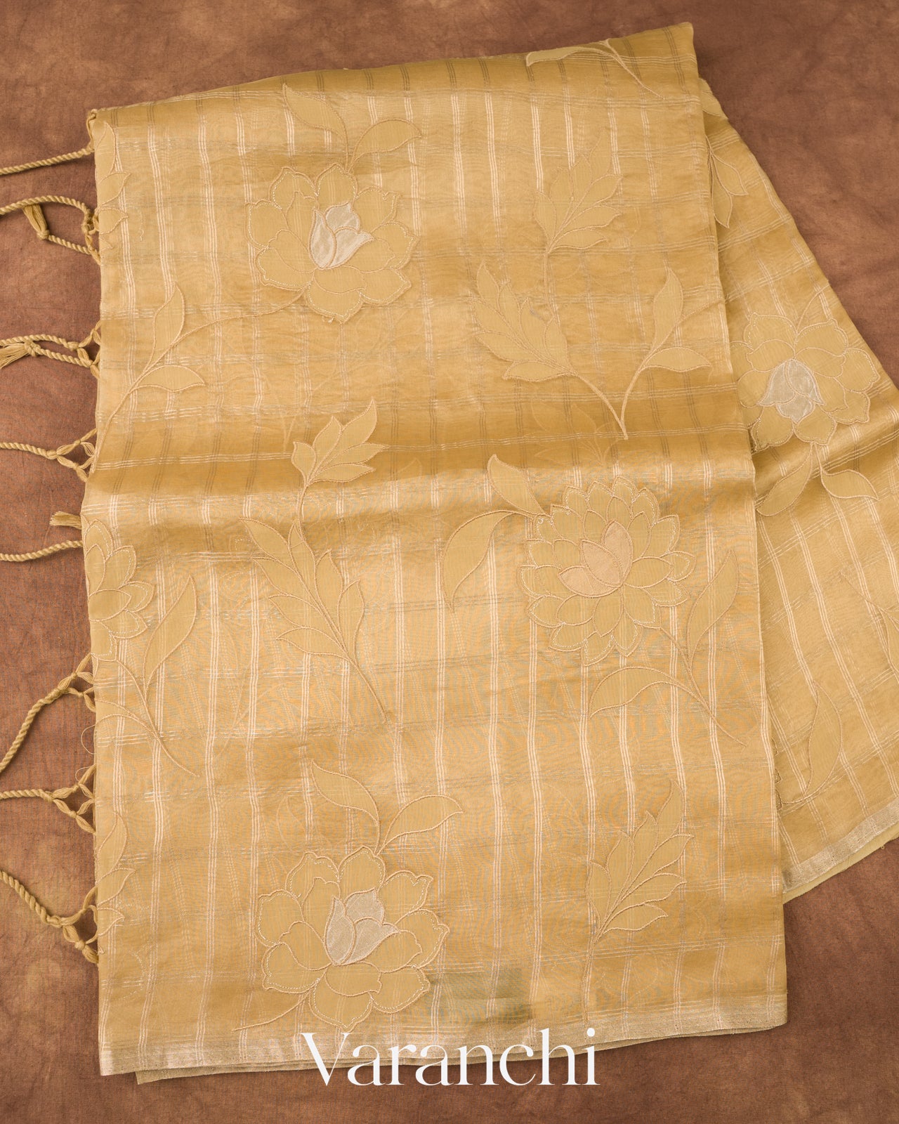 Light Mustard Checks And Floral Applique Pure Kora Silk Saree 