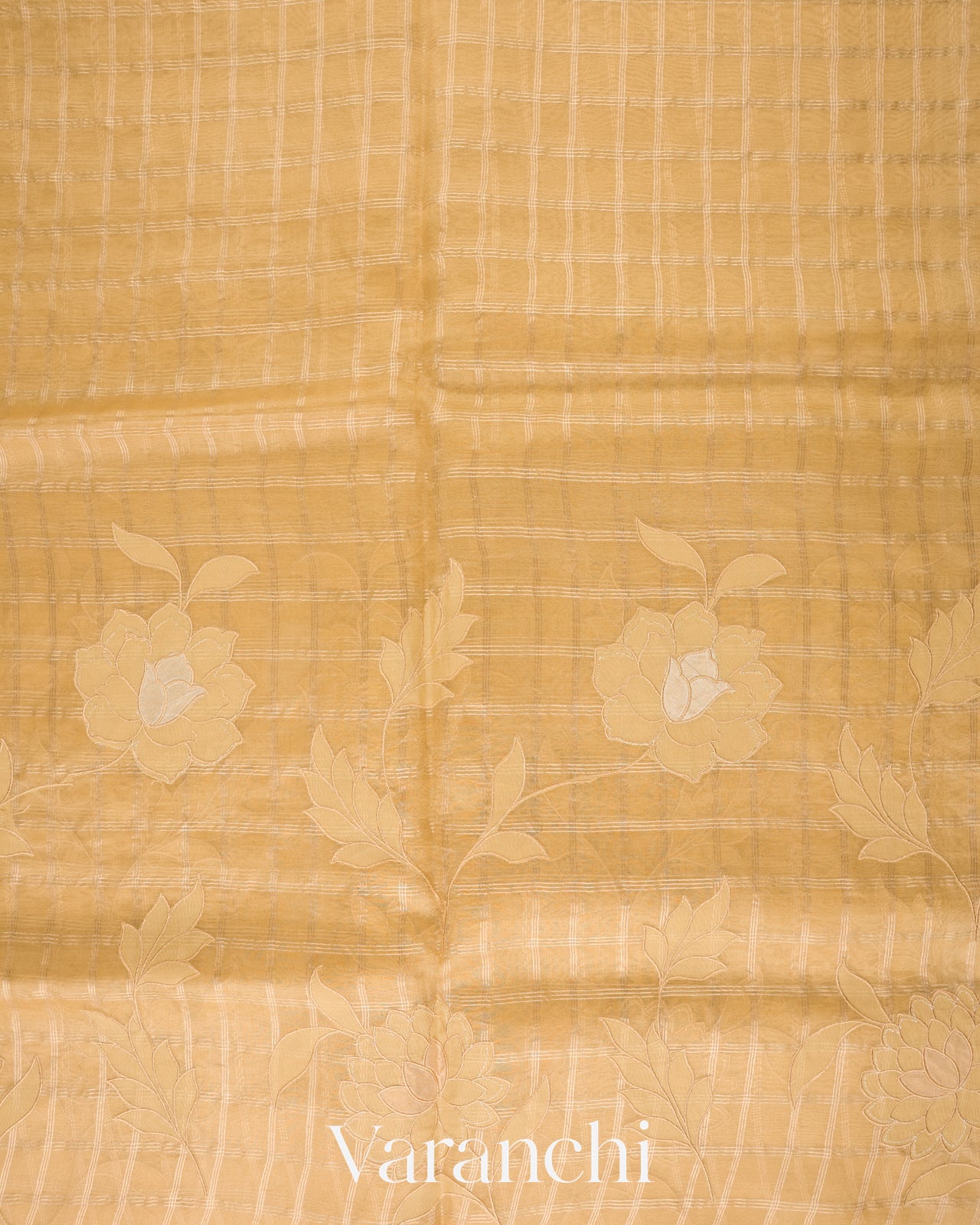 Light Mustard Checks And Floral Applique Pure Kora Silk Saree 