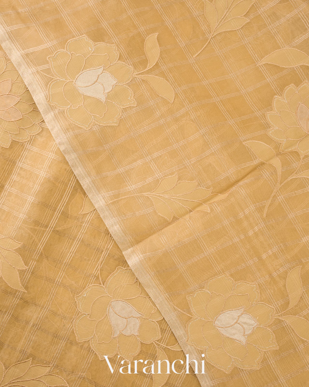 Light Mustard Checks And Floral Applique Pure Kora Silk Saree 
