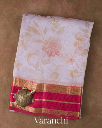 Muted Lilac Floral Printed Pure Kora Silk Saree