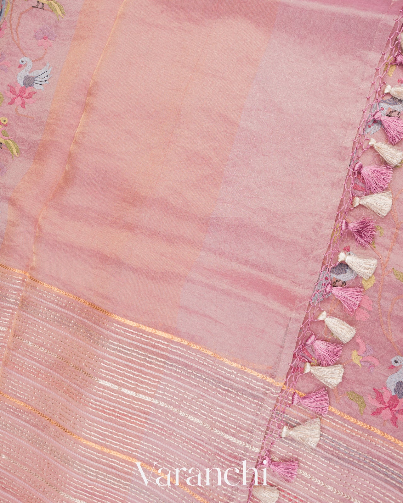 Baby Lilac Embroidered and Pure Tissue Kora Silk Saree