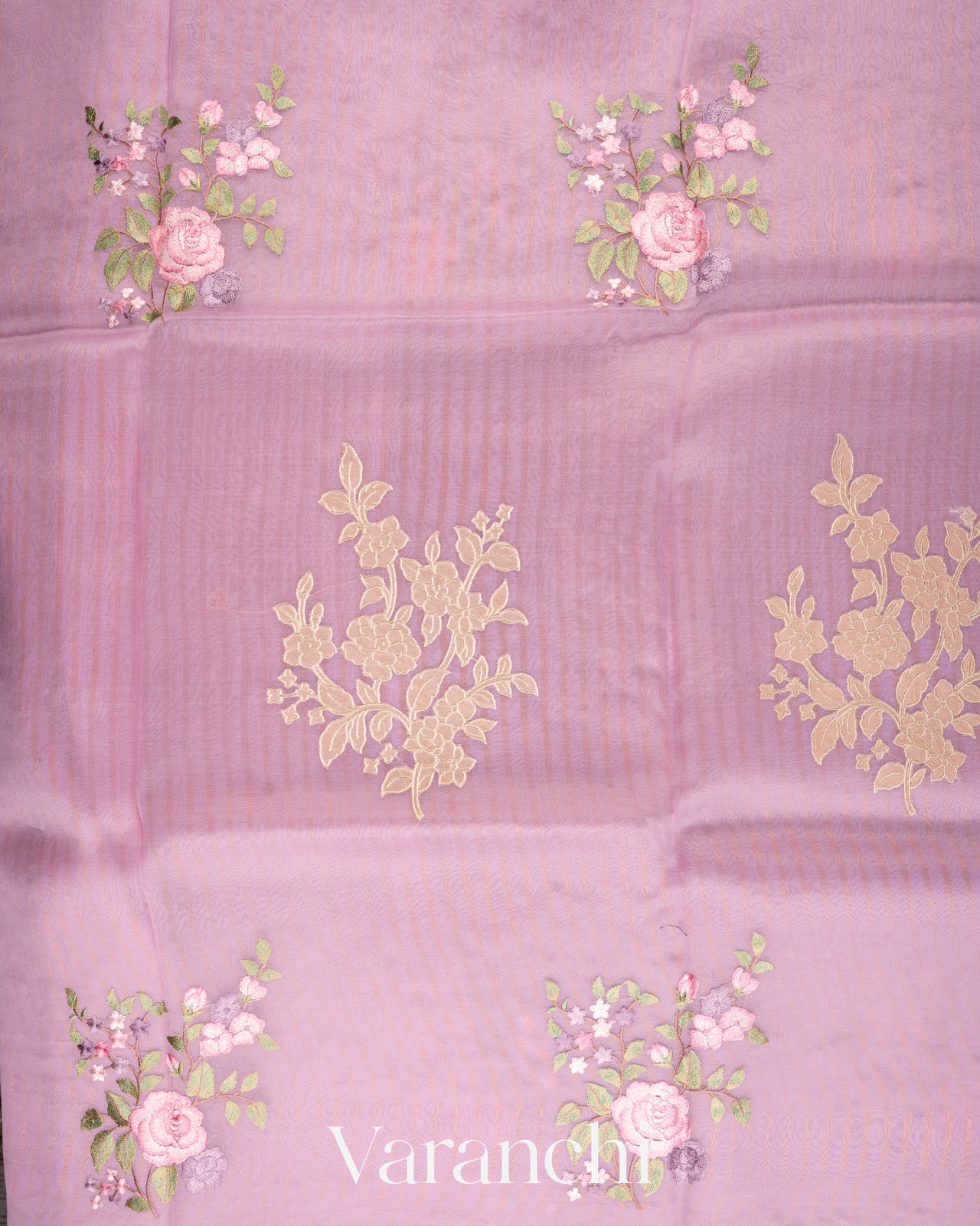Lilac Floral Applique and Embroidered Pure Kora Silk Saree