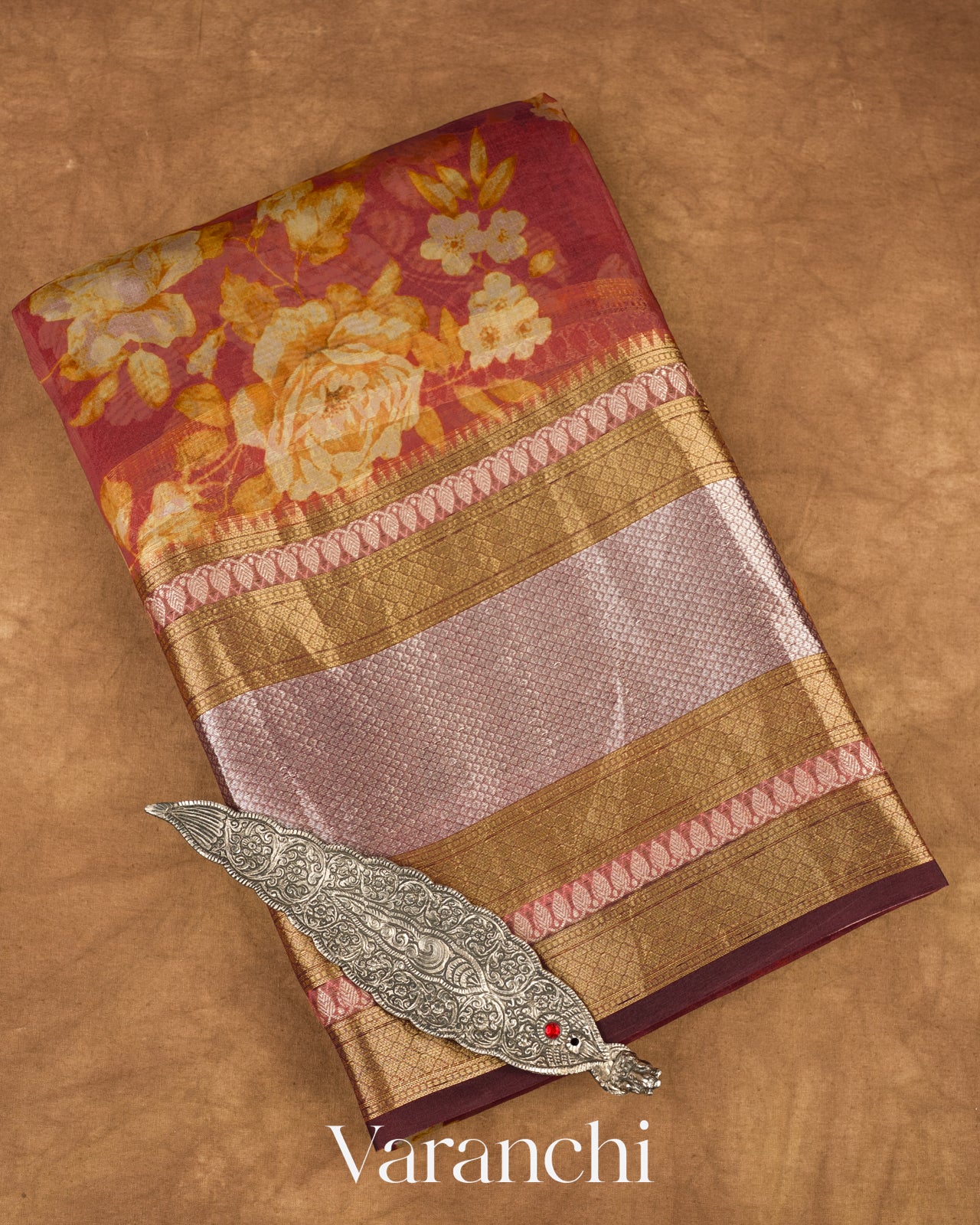 Muted Maroon Digital Printed Pure Kora Silk Saree