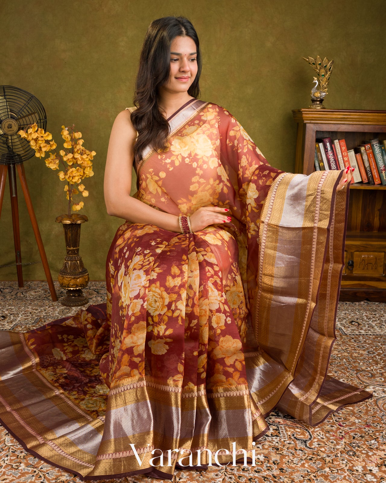 Muted Maroon Digital Printed Pure Kora Silk Saree