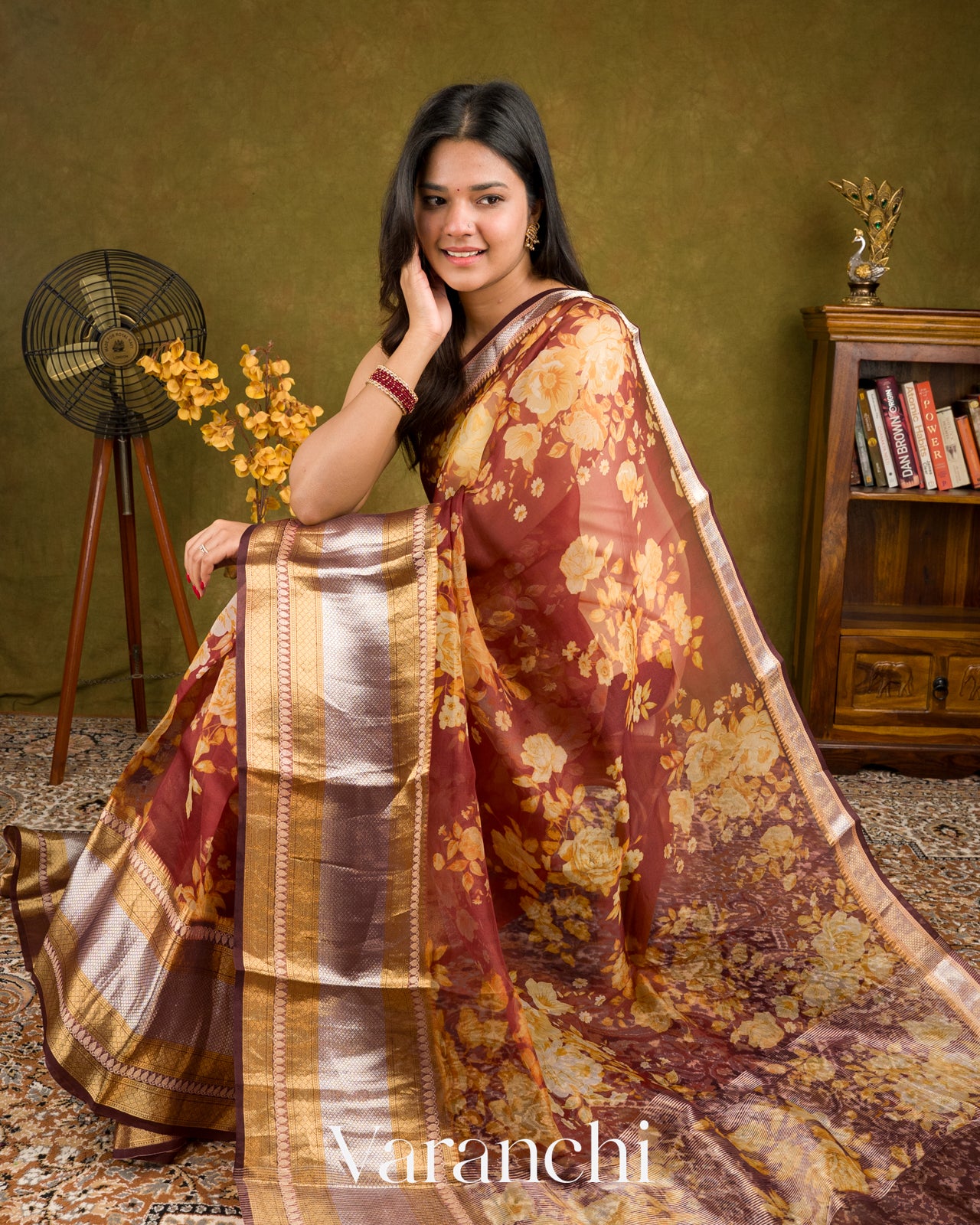 Muted Maroon Digital Printed Pure Kora Silk Saree