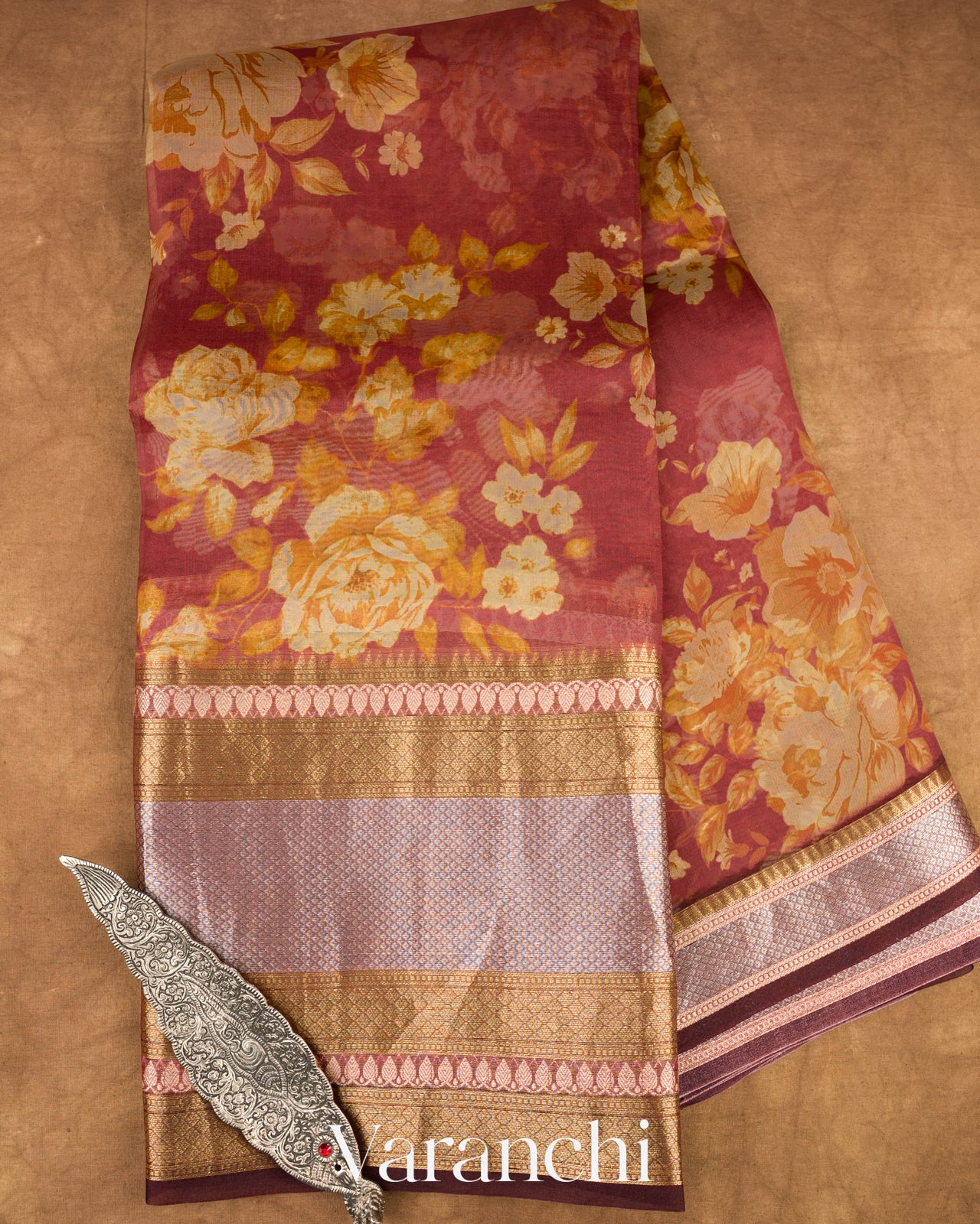 Muted Maroon Digital Printed Pure Kora Silk Saree