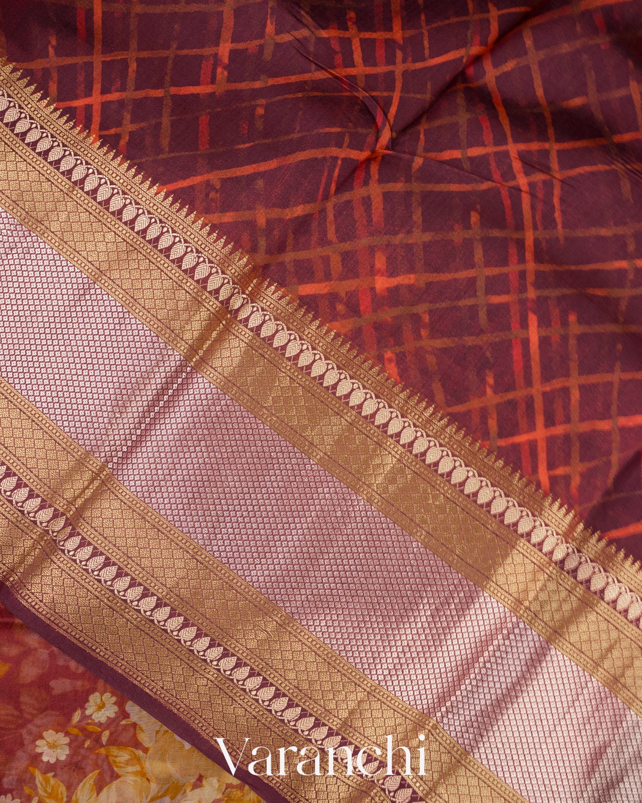 Muted Maroon Digital Printed Pure Kora Silk Saree