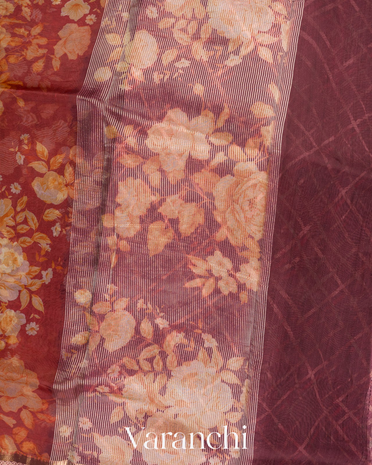 Muted Maroon Digital Printed Pure Kora Silk Saree
