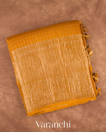 Turmeric Yellow Checks Pure Crush Kora Silk Saree