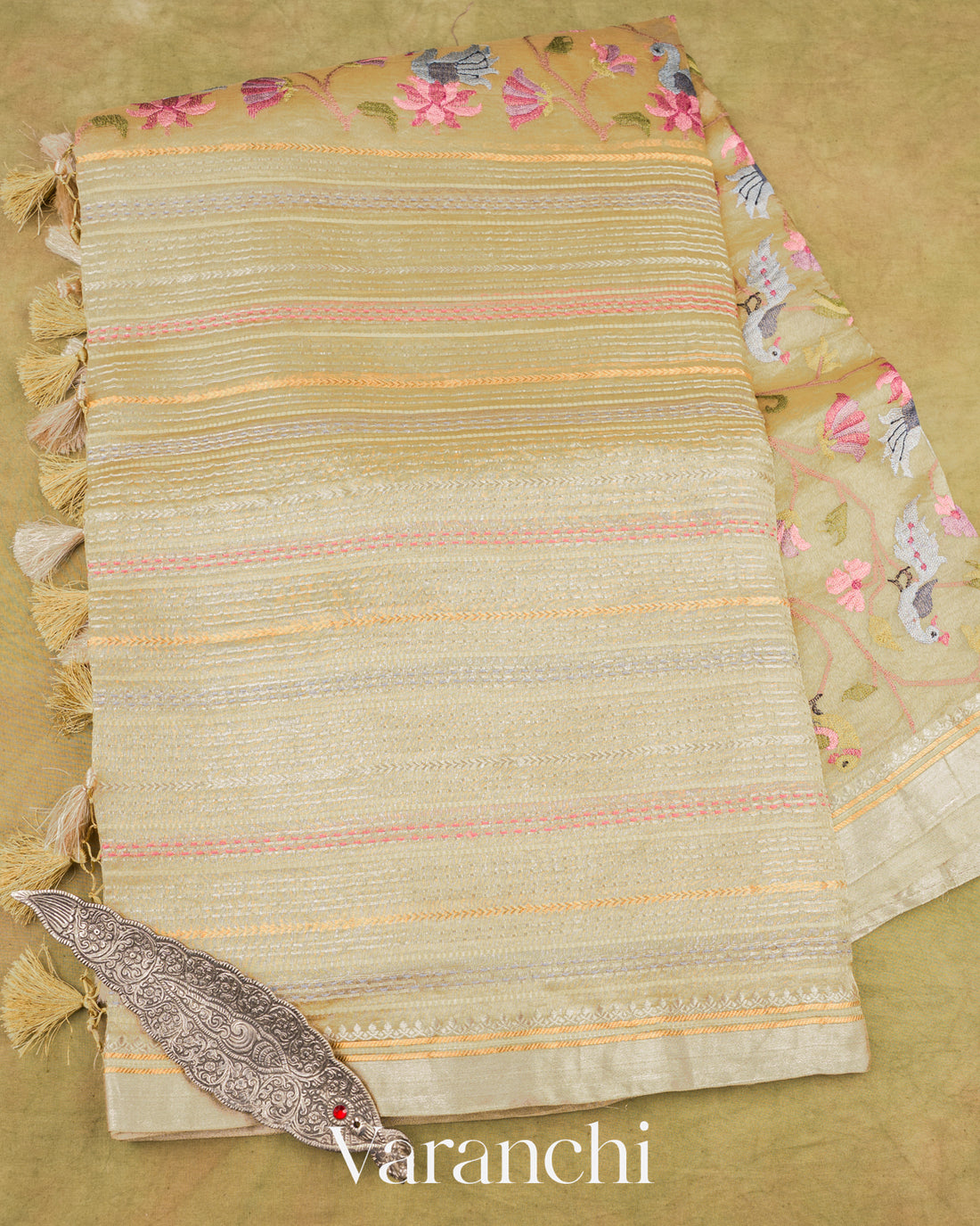 Light Mustard Embroidered and Pure Tissue Kora Silk Saree