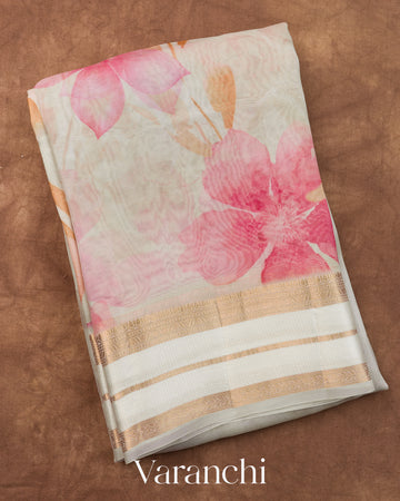 Soft White Floral Printed Pure Kora Silk Saree