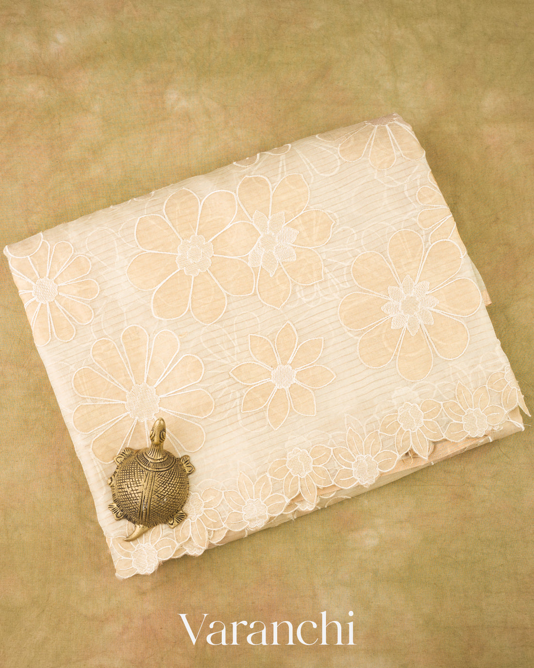 Ivory Beige Floral Applique Pure Kora Silk Saree