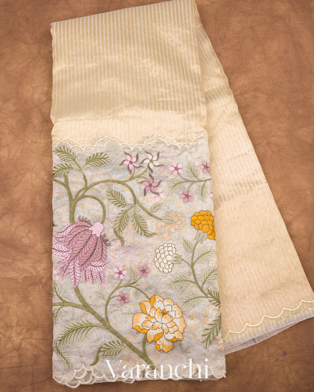 Off White Tissue Striped and Embroidered Border Pure Kora Silk Saree