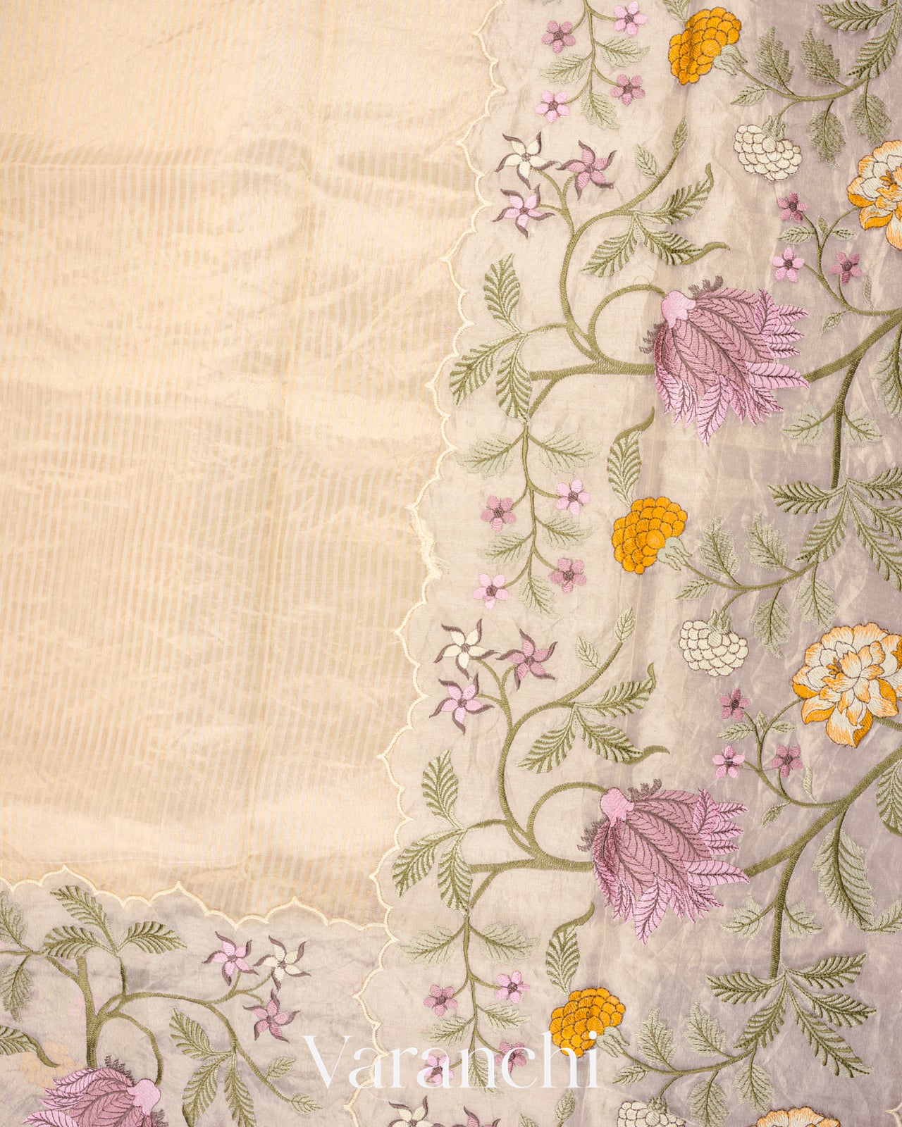 Off White Tissue Striped and Embroidered Border Pure Kora Silk Saree