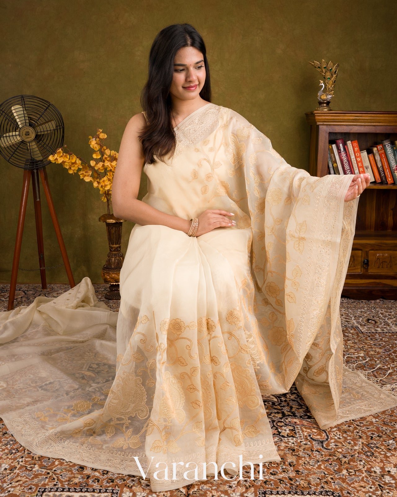 Ivory Cream Peacock Applique Pure Kora Silk Saree 